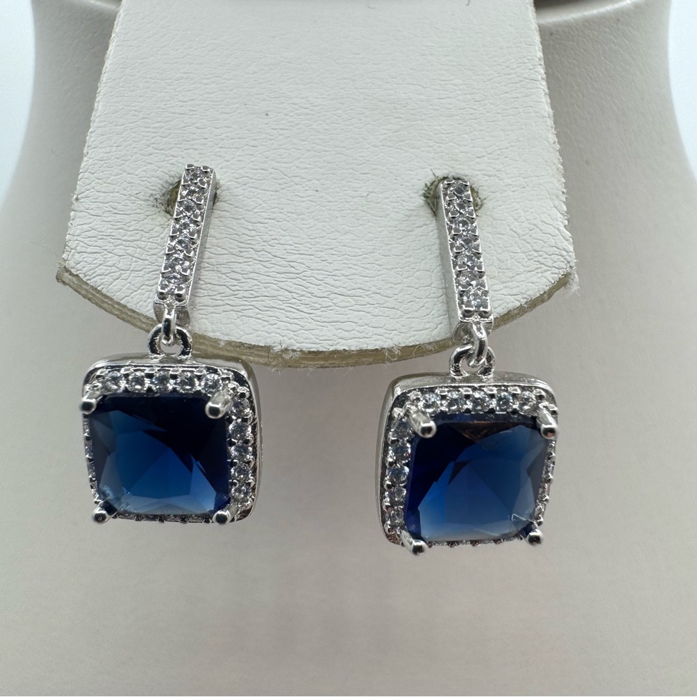 Silver Blue Crystal Drop Earrings Square Halo Dangle Elegant New - Picture 4 of 9